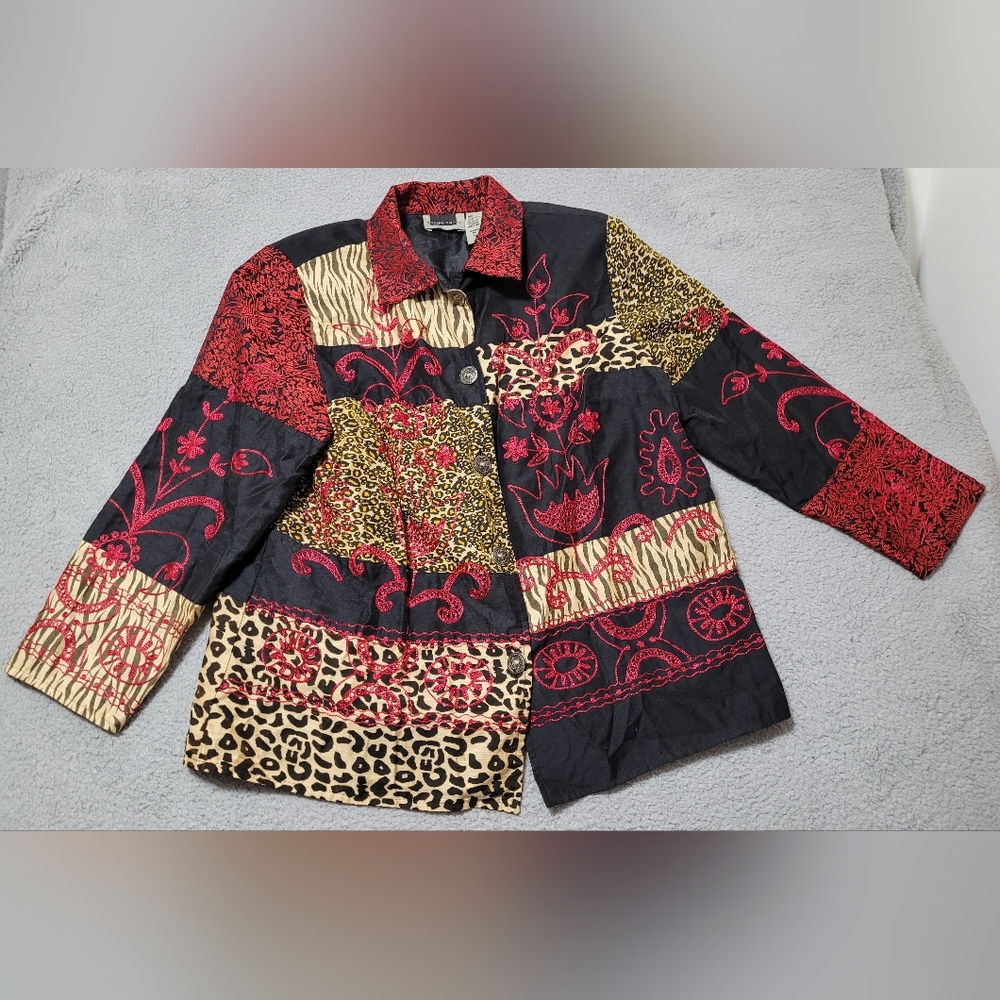Maggie Barnes Black & Red Embroidered Jacket with Animal Print Size 1X